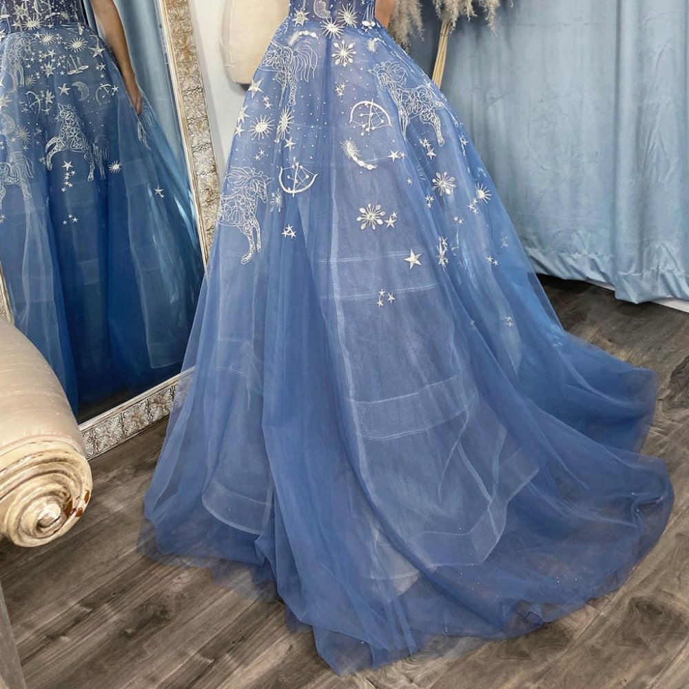 BLUE CONSTELLATION DREAM SWEETHEART EMBROIDERED TULLE BALLGOWN CORSET BACK A0890 - Picture 5 of 11